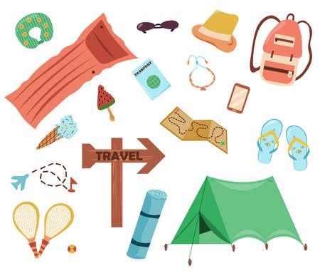 Set of travel items for recreation. Objects for travelling around the world. Flat design style vector illustration collection of planning a summer vacation, tourism and journey objects.のイラスト素材