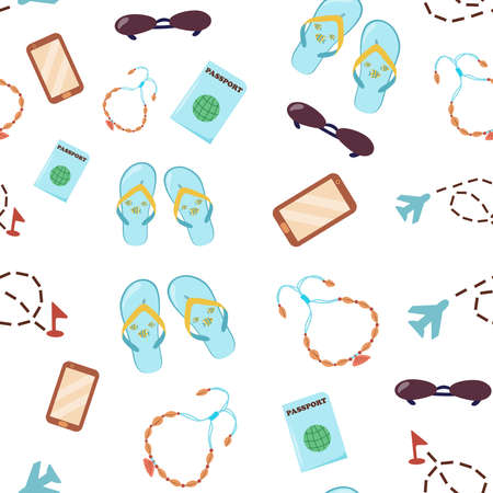 Seamless pattern of summer travel items for recreation. Objects for travelling around the world....