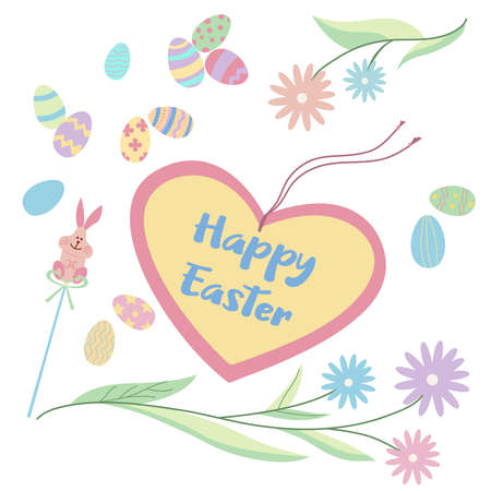 Happy Easter lettering inside decorative frame. Easter decorations: eggs, flowers, Easter bunny. Top view composition. Vector illustration in pastel colors.のイラスト素材