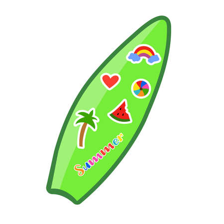 Green surfboard on white background. Sea extreme sport. Wood surf board summer. Surfboard with summer stickers. Vector illustration on white backgroundのイラスト素材