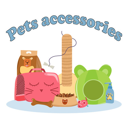 Pet care acessories set with inscription. Collection of pets elements. Various pet supplies. Flat isolated vector illustration on white backgroundのイラスト素材