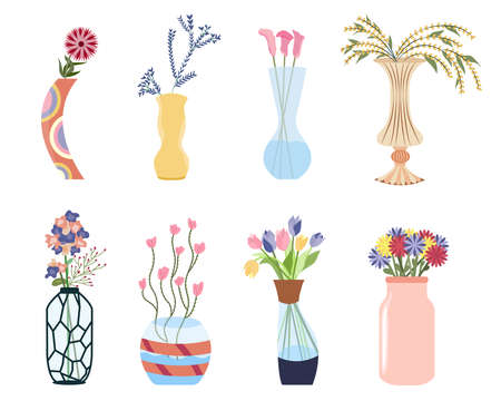 Bouquet of flowers set. Tulips, callas, daisies with vases, jugs and glass bottles with water. Spring flowers, plants for decoration isolated on white background. Flowers for celebrationのイラスト素材