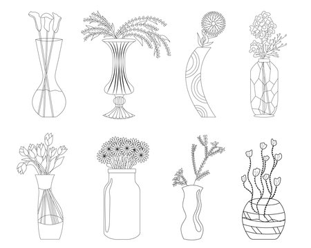 Bouquet of flowers set in doodle style. Tulips, callas, daisies with vases, jugs and glass bottles with water. Flowers for celebration coloring pageのイラスト素材