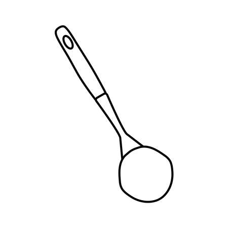 Kitchen ladle doodle. Household equipment hand drawing. Metallic Kitchen Accessory Ladle. Kitchen interior. Isolated object on white background. Vector illustration.のイラスト素材