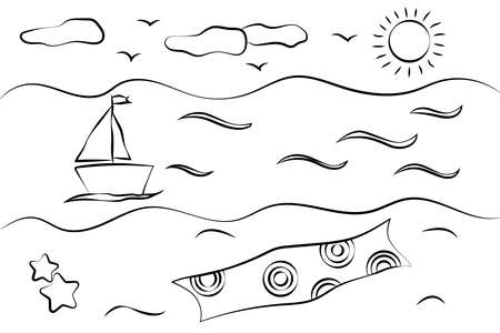 Summer beach, sea and sailboat child's drawing. Summer item doodle. Hand drawn vector illustrationのイラスト素材