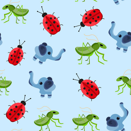 Seamless vector pattern with symbols of good luck: ladybug, elephant, grasshopper on blue background. Traditional amulets of happinessのイラスト素材