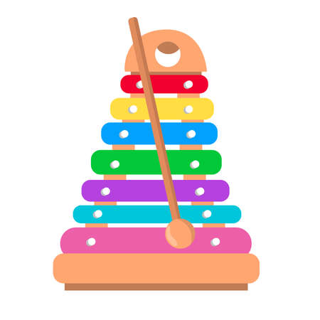 Toy xylophone isolated on white background. Bright cartoon childrens instrument. Child music performance, musical percussion instrument. Vector illustrationのイラスト素材