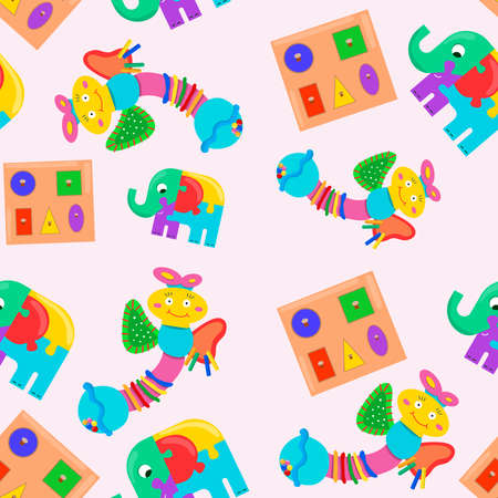 Seamless pattern of montessori toys for children. Sorter for different shapes. Elephant puzzle. Butterfly beanbag. Cartoon vector illustrationのイラスト素材