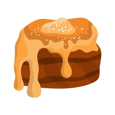 Cinnamon bun with caramel topping and sugar. Baked sweet roll doodle icon. Fresh Swedish kanelbulle swirl pastryのイラスト素材