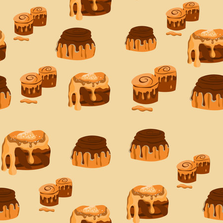 Seamless pattern with cinnabon buns. Swirl buns. Cinnamon rolls with sugar, topping, syrup, nuts. Vector cartoon illustration.のイラスト素材