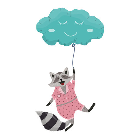 Cute raccoon fly in balloon in shape of cloud. Joyful pet character flies. Smilling raccoon in pajamas. First pet for children. Cute vector cartoon illustration on white background.のイラスト素材