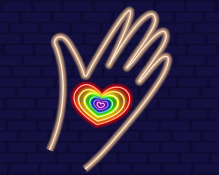 Heart in hand of neon in rainbow color. LGBT neon sign vector design template. Gay Pride neon element. LGBT pride symbol. Vector illustrationのイラスト素材