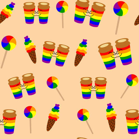 Seamless pattern for LGBT pride month. Human rights and tolerance. Rainbow food. Concept of Gay Pride. Vector cartoon illustrationのイラスト素材