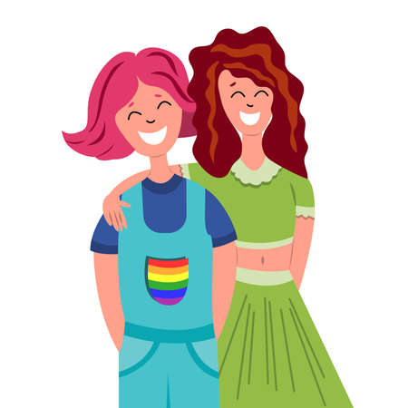 Young smiling lesbian women. Happy pride month. Non-traditional same sex relationships, happy LGBT couple. Cartoon flat vector illustration on white background.のイラスト素材