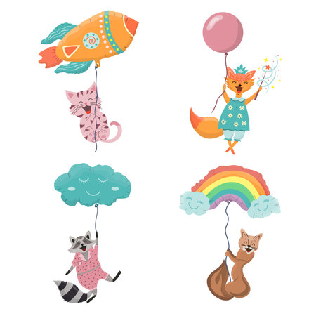 Cute animals fly in balloons. Joyful pets characters flies. First pet for children. Cute vector cartoon illustration on white backgroundのイラスト素材