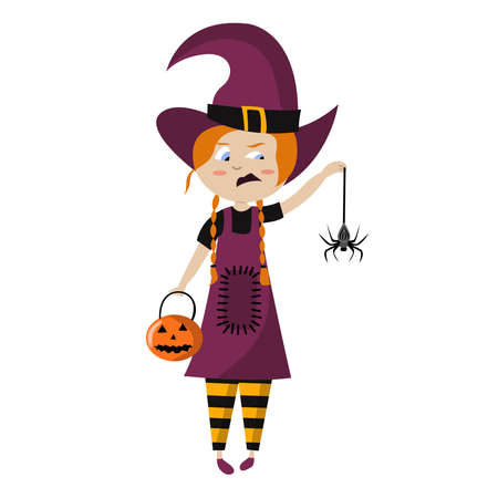 Halloween vector illustration of girl in witch costume with red hair holding pumpkin and spider. Emotion of disgust on face. Cartoon styleのイラスト素材