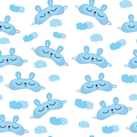 Seamless pattern sleep mask with cute rabbit face. Eye protection wear accessory. Relaxation blindfold. Cartoon vector illustration isolated on white background.のイラスト素材