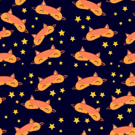 Seamless pattern sleep mask with cute fox face. Eye protection wear accessory. Relaxation blindfold. Cartoon vector illustration on dark background.のイラスト素材