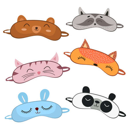 Set of sleep masks for eyes with cute animals. Eye protection wear accessories. Night accessory to healthy sleep, travel and recreation. Cartoon vector illustration on white background.のイラスト素材