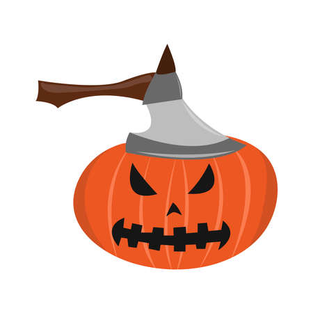 Pumpkin with ax with terrible face. Halloween pumpkin. Happy halloween holiday. Decoration for horror night. Vector cartoon illustrationのイラスト素材