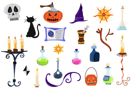 Set of halloween elements. Symbols for celebration of halloween. Happy halloween holiday. Decoration for horror night. Vector cartoon illustrationのイラスト素材