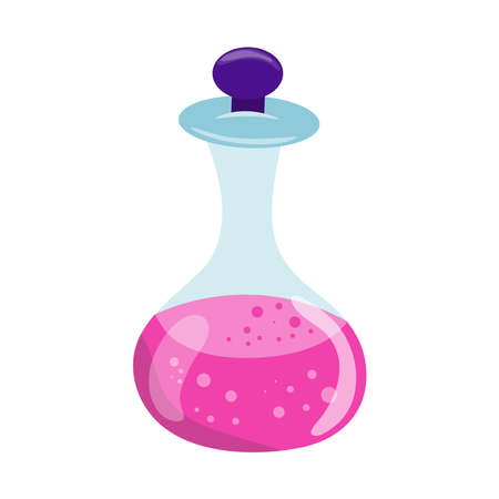 Halloween glass pink potion bottle with bubbles. Happy halloween holiday. Decoration for horror night. Vector cartoon illustrationのイラスト素材