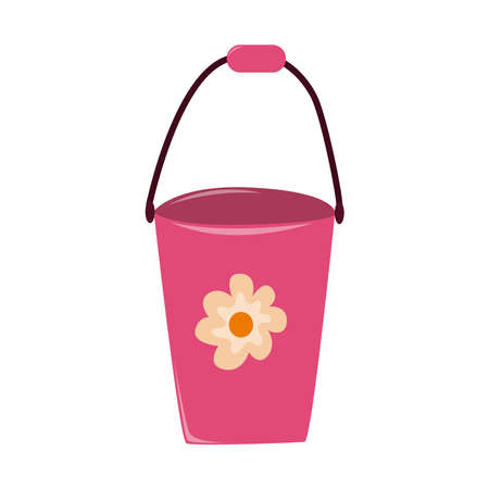 Garden bucket. Bucket with flower pattern. Pink bucket. Flat illustration of garden bucket vector.のイラスト素材