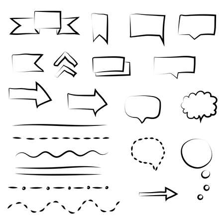 Set of doodle signs. Arrows circles and abstract hand drawn writing design. Vector illustration.のイラスト素材