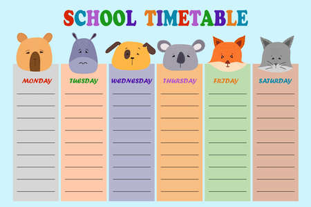 School timetable design with cute aimals head. Timetable for elementary school. Vector template. Design of kids products.のイラスト素材