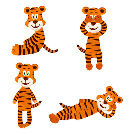 Set of chinese tiger. Cute cartoon tigers in different poses. Flat vector illustration isolated on white background.のイラスト素材