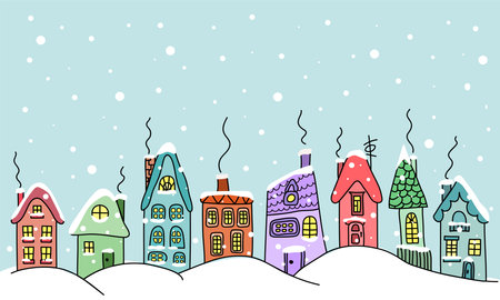 Winter houses collection. Christmas town. Houses in snow. Doodle homes with smoking chimneys. Set of hand drawing buildings.のイラスト素材