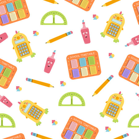 School seamless pattern. Supplies for studying. Cute vector illustration in flat cartoon styleのイラスト素材