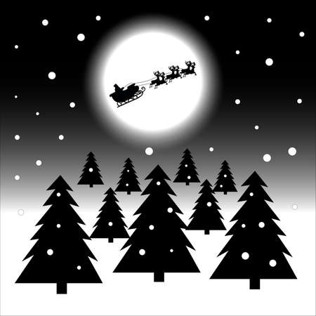 New Year 2022 Santa Claus on a sleigh with reindeer Gray moon Christmas Trees Night black white silhouetteのイラスト素材