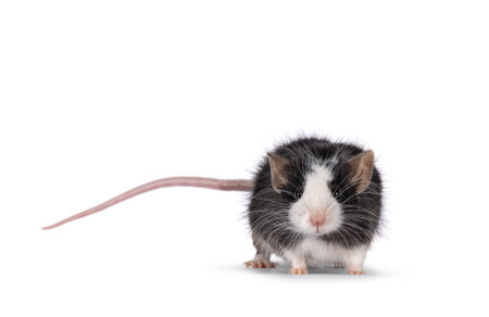 Adorable black with white mouse, standing side ways. Looking straight towards camera. Isolated on a white background.の写真素材