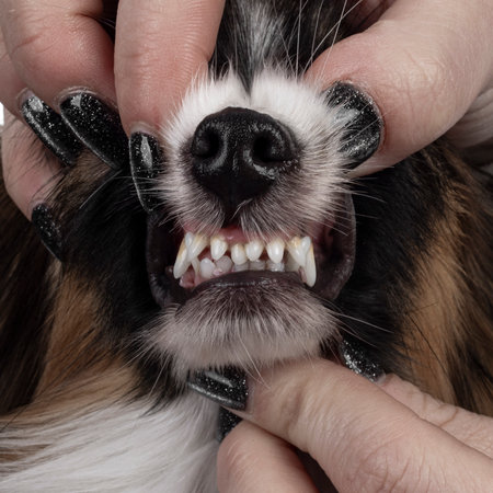Full frame close up of cute Epagneul Nain Papillon dog puppy teeth and nose.の写真素材