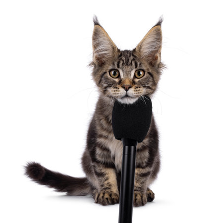 Pretty black tabby blotched Maine Coon cat kitten, sitting up facing front. Looking towards camera with head resting on black microphone. Isolated on a white background.の写真素材