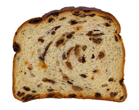 Top view from slice of raisin bread, isolated on a white background.