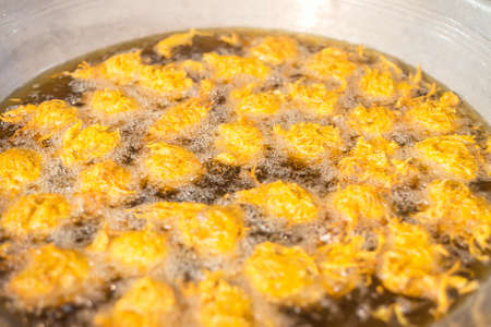 Taro fried in hot oil on a pan in Vegetarian festival Thailandの写真素材