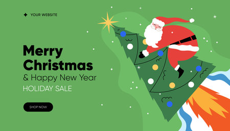 Merry christmas sale web banner. Santa Claus flying on a Christmas-tree rocket. Greeting card, landing page, banner, poster. vector illustrationのイラスト素材