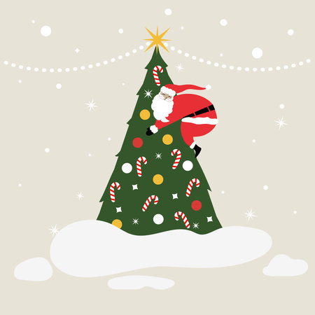 Santa Claus climbing a Christmas-tree. Merry Christmas greeting card, banner, poster. Vector illustrationのイラスト素材