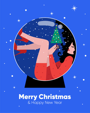 Christmas snow globe glass ball with young woman. Girl inside bauble dressed in an party dress with xmas tree. Vector illustrationのイラスト素材