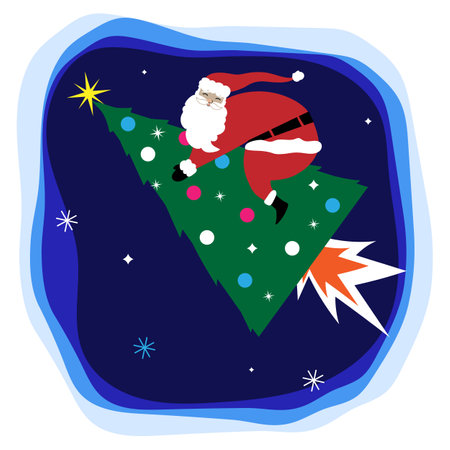 Merry Christmas web banner. Santa Claus flying on a Christmas-tree rocket. Vector illustrationのイラスト素材