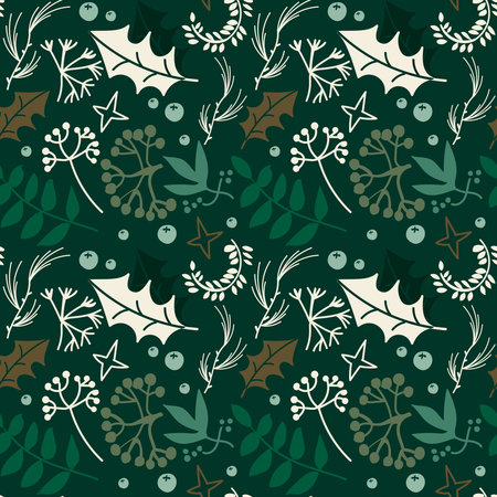 Merry Christmas, Happy New Year seamless pattern with fir branches, holly leaves and berries for greeting cards, wrapping papers. Seamless winter pattern. Vector illustrationのイラスト素材