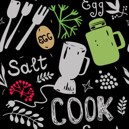 Cooking and kitchen seamless pattern. Drawing with chalk and pen. Vector illustration in doodle style. Culinary and restaurant design sketchのイラスト素材