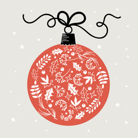 Merry Christmas. Christmas ball with floral decor. Hand drawn design for poster, postcard or greeting card. Vector illustrationのイラスト素材