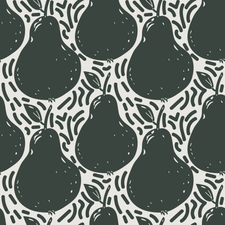 Pear hand drawn seamless pattern, full pear and leaves. Fruit sketch style vector illustration