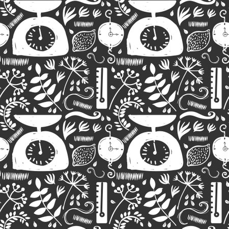 Cooking and kitchenware seamless pattern black and white. Tool and ware collection. Hand drawn, doodle cooking icon, vector illustrationのイラスト素材