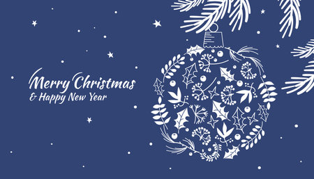 Merry Christmas and Happy New Year greeting card, poster, holiday cover. Xmas design in blue and white colors with hand drawn fir branches. Christmas balls and brush painted snow, vector illustrationのイラスト素材