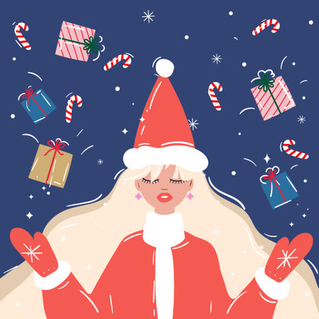 Young woman with gifts. Girl with a gift box. Christmas sale. Preparing for Christmas. Vector illustrationのイラスト素材
