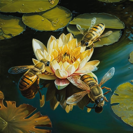 Oil painting of bees on a water lily. High quality illustrationの素材